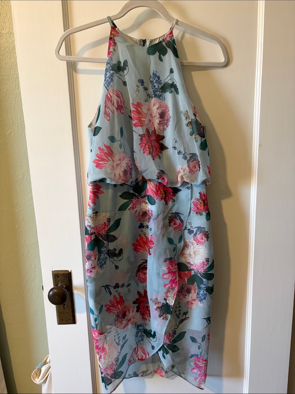 Light Blue Floral Halter Midi Dress with Pink Blooms
